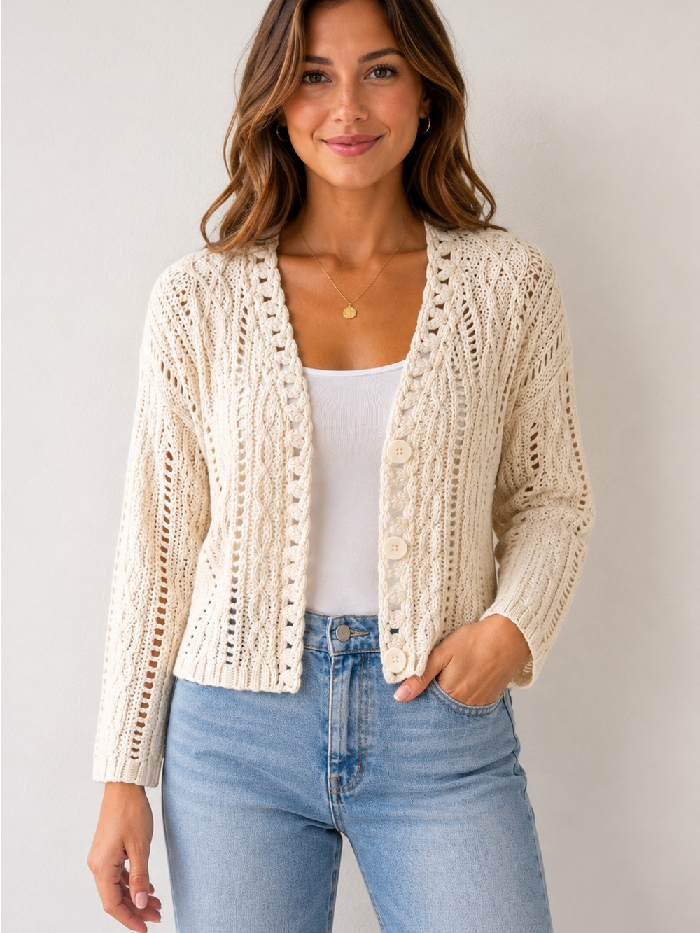 Coldwater Creek Cream Open-Knit Button Cardigan Sweater Women's XS boho ivory